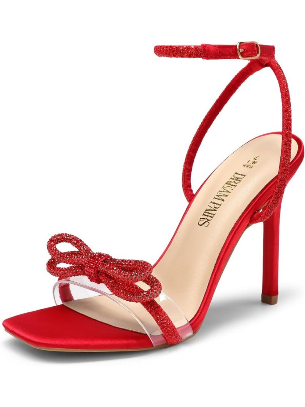 Women's Red Double Bowknots Rhinestone Bow Slingback Square Toe Heeled Sandals